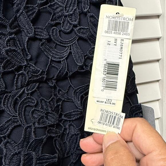 NWT Eliza J Asymmetric Lace Overlay Midi Dress Size 12 Navy Blue Lined Fit Flare - Picture 9 of 9